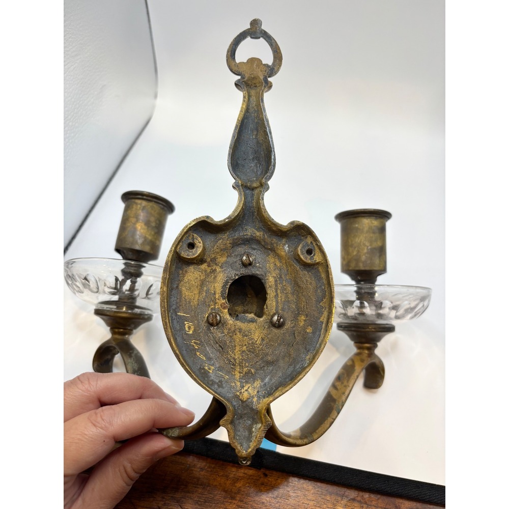 Antique Brass Double Wall Sconce Candle Holder with Glass Bobeches Vintage 2-Arm - Picture 7 of 10